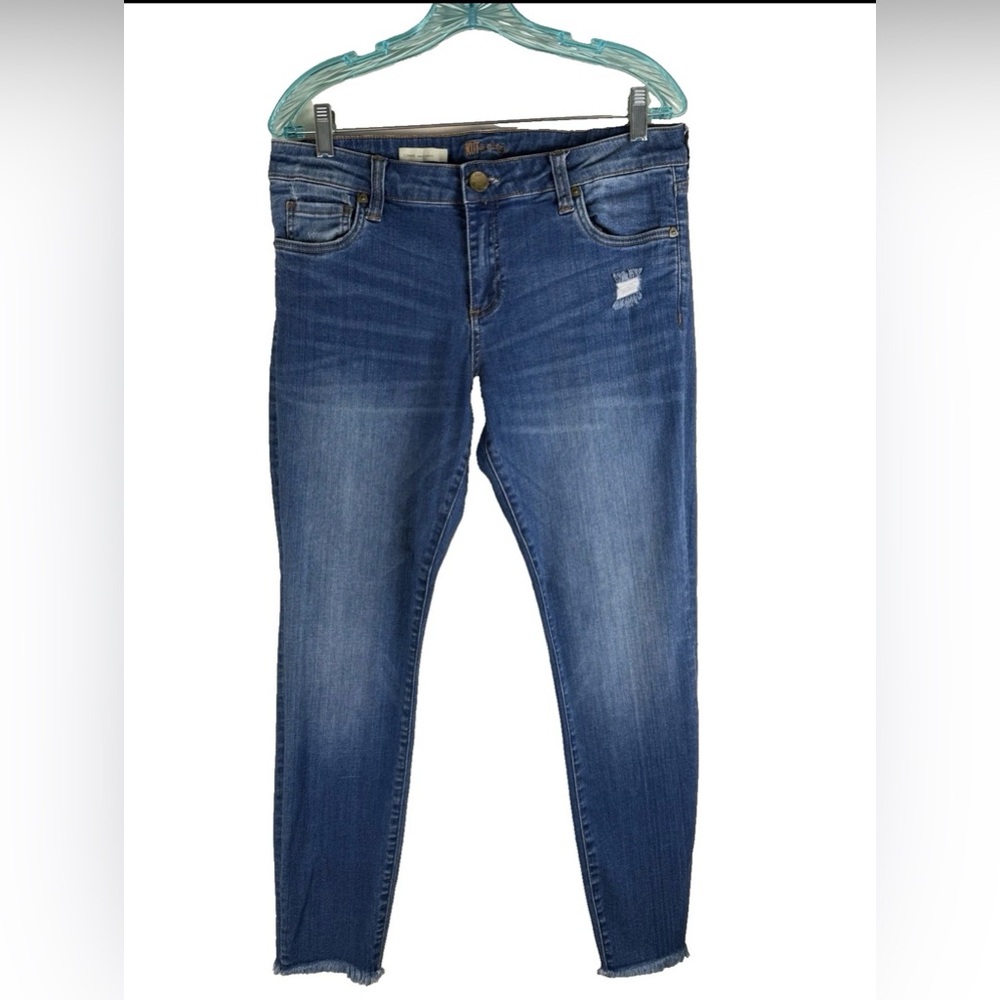 KUT From The Kloth Connie Ankle Skinny Jeans Distressed Blue 12 Mid Rise Raw Hem